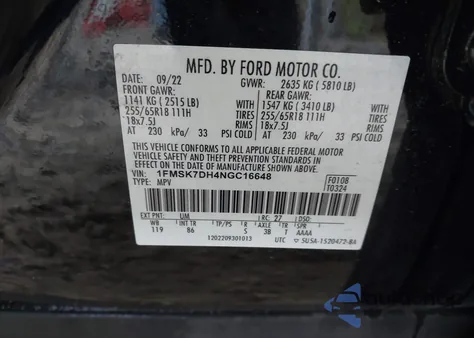 2022 Ford Explorer Xlt z USA, uszkodzony, nr VIN 1FMSK7DH4NGC16648